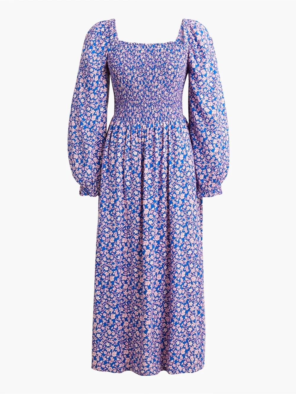 J. Crew Blue Floral Smocked Square-Neck Midi Dress